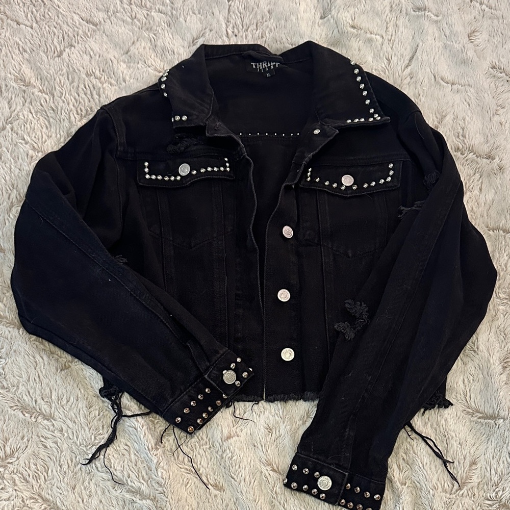 Thrift Black Studded Jean Jacket for Women